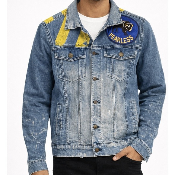 Reason Fearless Buffalo Patch Distressed Denim Trucker Jacket Paint Splatter S - Picture 3 of 9